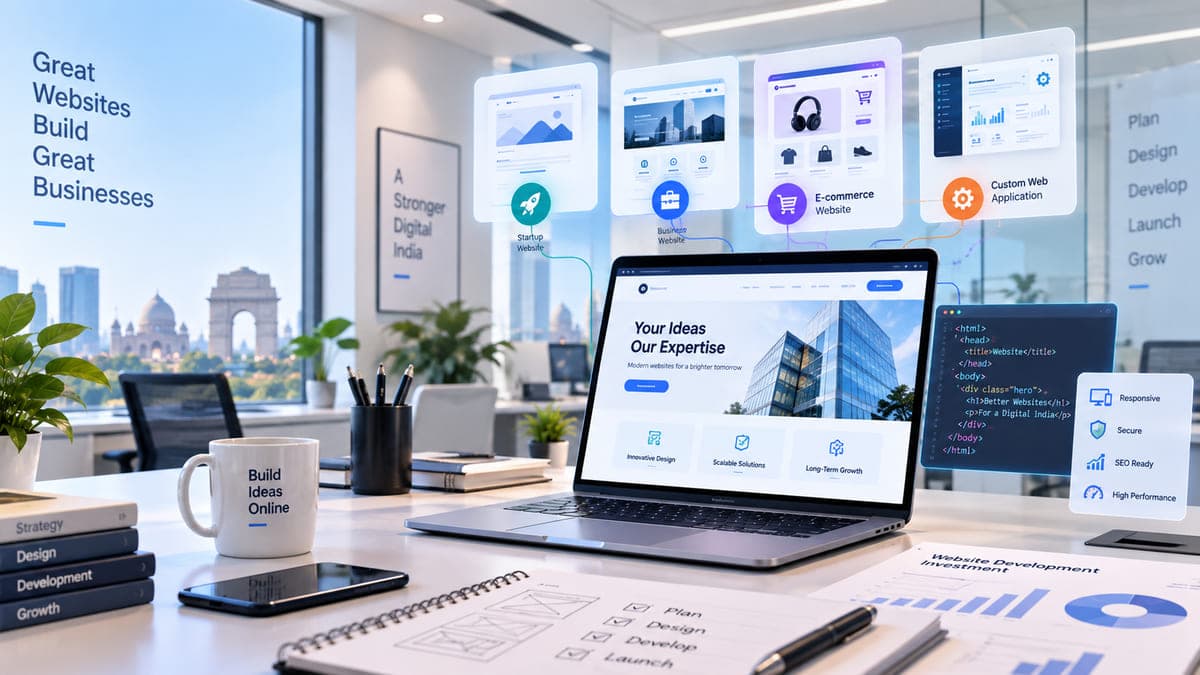Website project types — startup, business, e-commerce and custom web application — beside a website development cost breakdown.